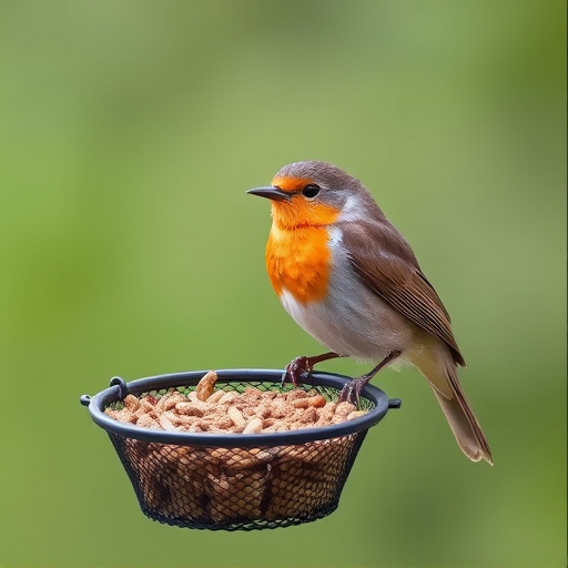 Robin perched beside mesh mealworm feeder