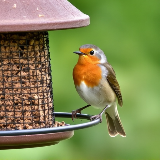 Robin perched beside suet-filled feeder