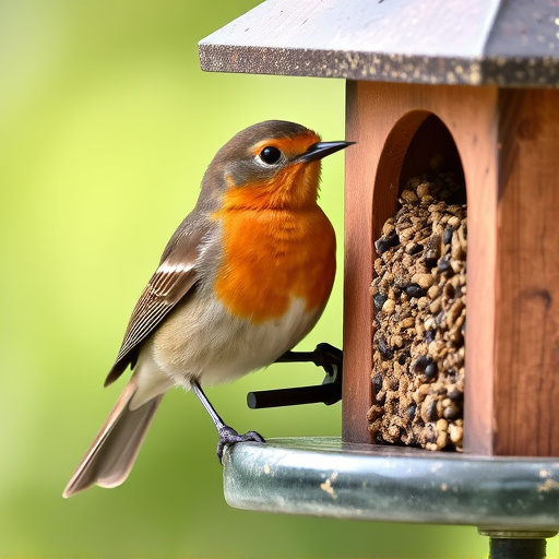 Robin perched beside suet-filled feeder