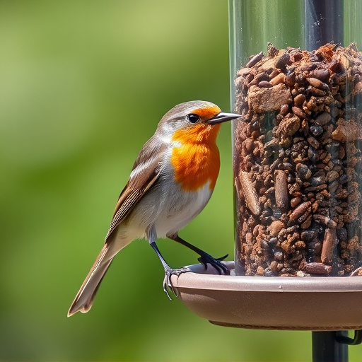 Robin perched beside suet-filled feeder
