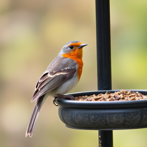 Robin perched beside suet-filled feeder