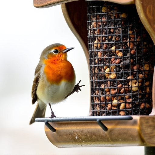 Robin perched beside suet-filled feeder