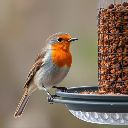 Robin perched beside suet-filled feeder