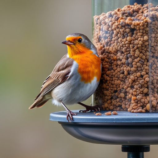 Robin perched beside suet-filled feeder