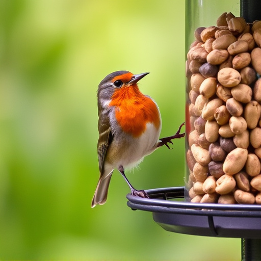 Robin perched near peanut feeder