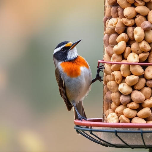 Robin perched near peanut feeder