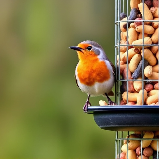 Robin perched near peanut-filled feeder