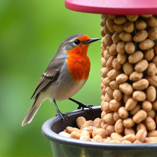 Robin perched near peanut-filled feeder
