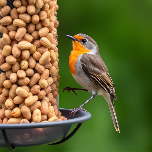 Robin perched near peanut-filled feeder