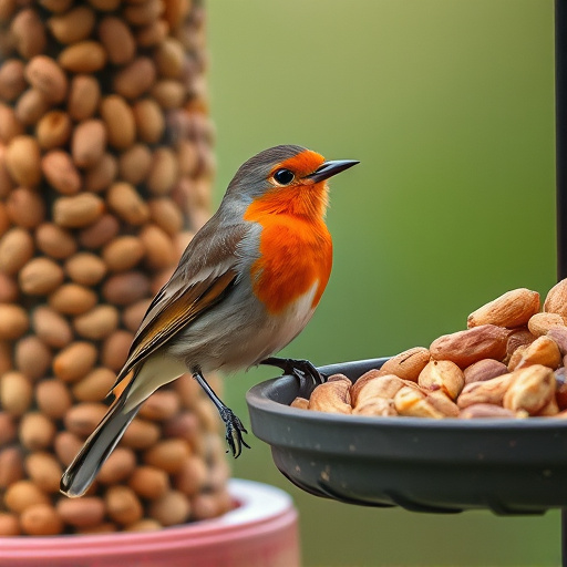 Robin perched near peanut-filled feeder