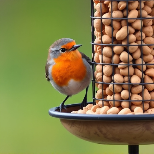 Robin perched near peanut-filled feeder