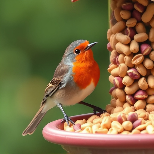 Robin perched near peanut-filled feeder