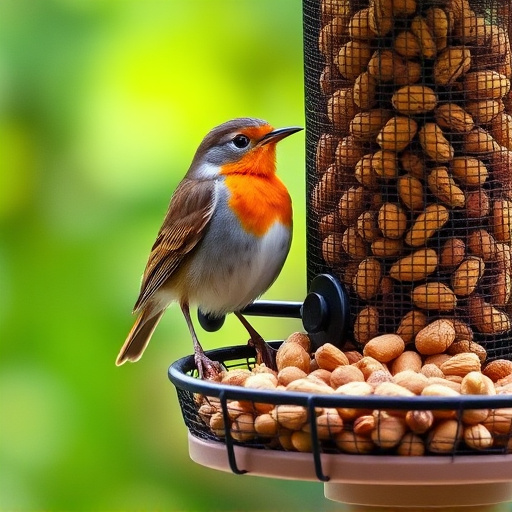 Robin perched near peanut-filled feeder