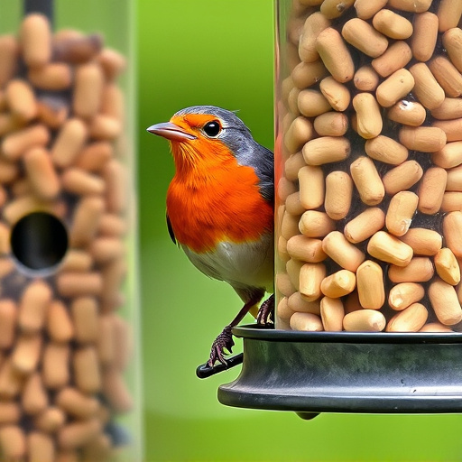Robin perched near peanut-filled feeder