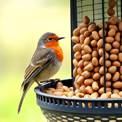 Robin perched near peanut-filled feeder