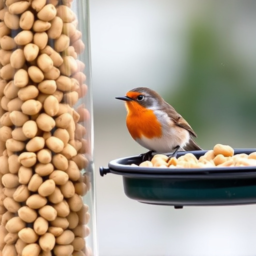 Robin perched near peanut-filled feeder