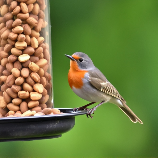 Robin perched near peanut-filled feeder
