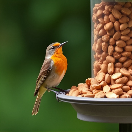 Robin perched near peanut-filled feeder