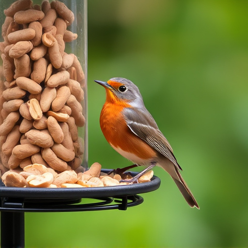 Robin perched near peanut-filled feeder