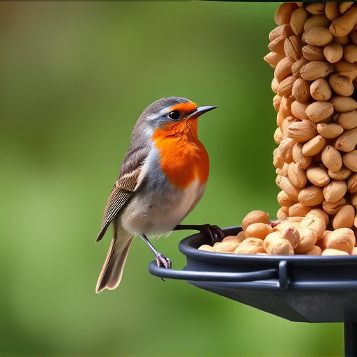 Robin perched near peanut-filled feeder