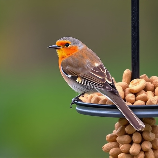 Robin perched near peanut-filled feeder
