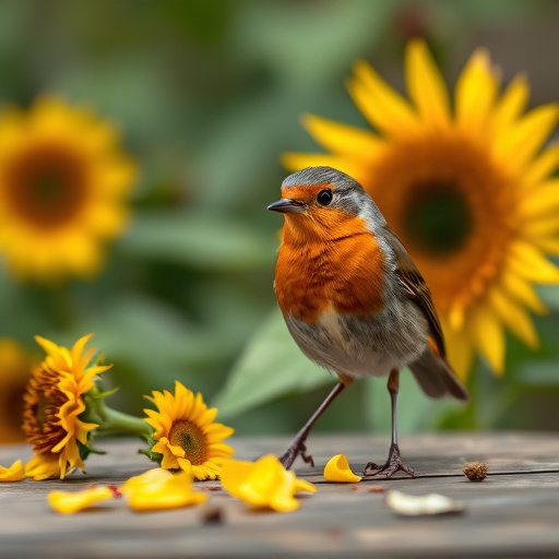 Robin perched near sunflower hearts on table