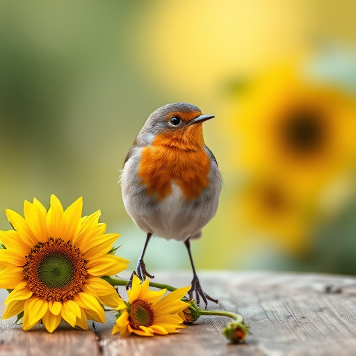Robin perched near sunflower hearts on table