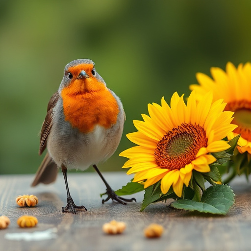 Robin perched near sunflower hearts on table