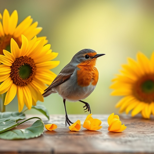 Robin perched near sunflower hearts on table