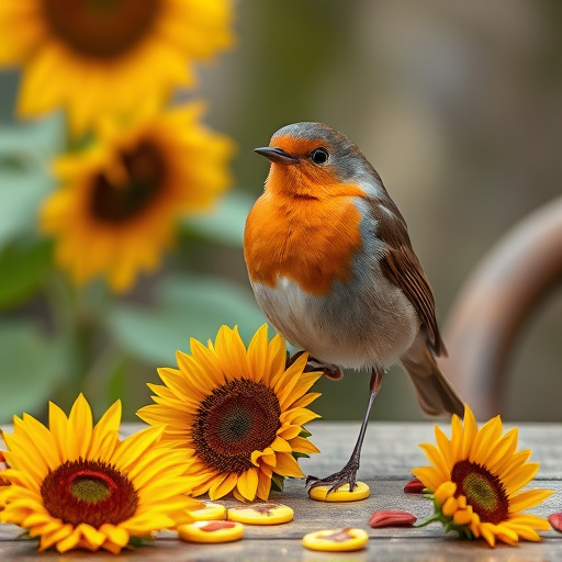 Robin perched near sunflower hearts on table