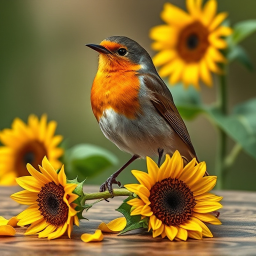 Robin perched near sunflower hearts on table