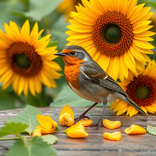 Robin perched near sunflower hearts on table