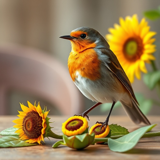Robin perched near sunflower hearts on table