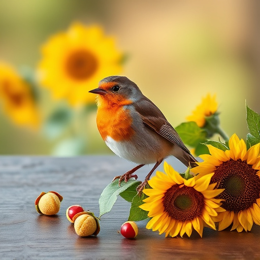 Robin perched near sunflower hearts on table
