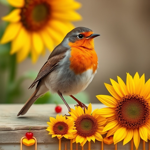 Robin perched near sunflower hearts on table