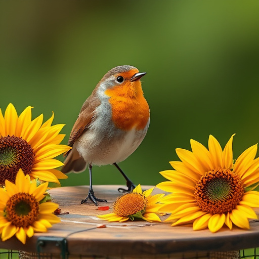 Robin perched near sunflower hearts on table
