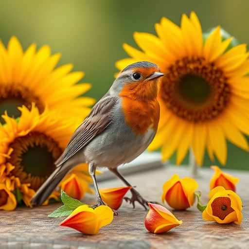 Robin perched near sunflower hearts on table