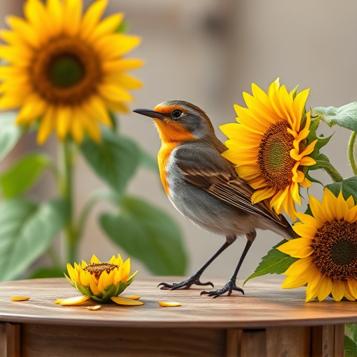 Robin perched near sunflower hearts on table