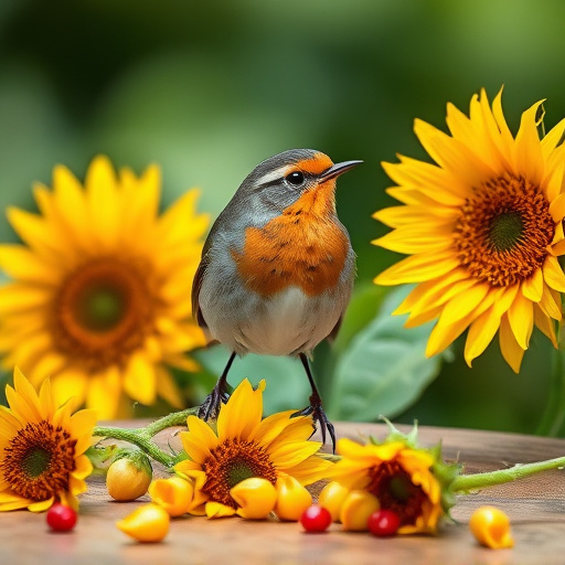 Robin perched near sunflower hearts on table