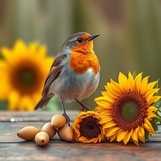 Robin perched near sunflower hearts on table