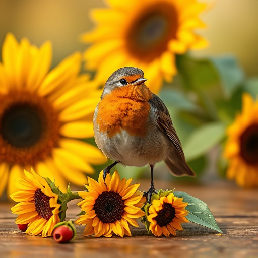 Robin perched near sunflower hearts on table