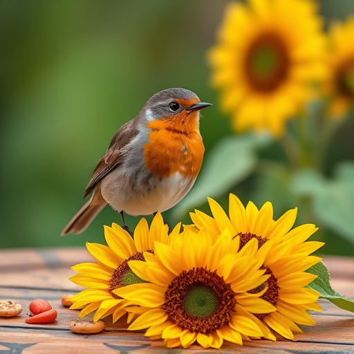 Robin perched near sunflower hearts on table