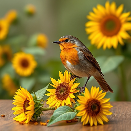 Robin perched near sunflower hearts on table