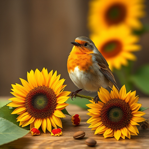 Robin perched near sunflower hearts on table