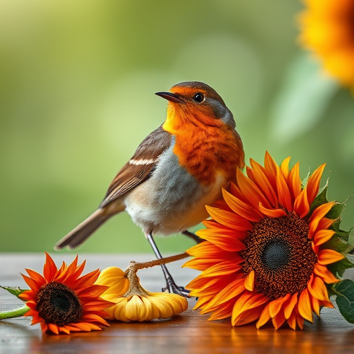Robin perched near sunflower hearts on table