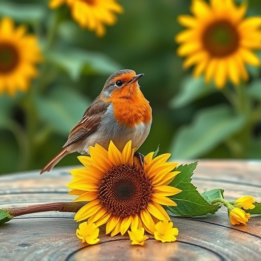 Robin perched near sunflower hearts on table