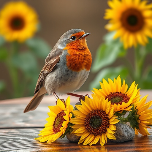 Robin perched near sunflower hearts on table