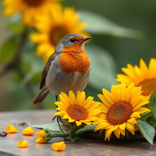 Robin perched near sunflower hearts on table