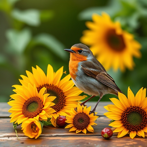 Robin perched near sunflower hearts on table