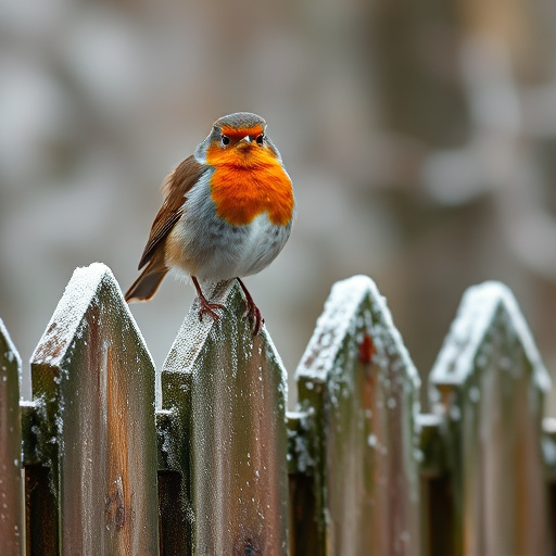 Robin perched on frosty garden fence